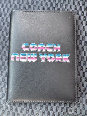 Coach Black Leather Card/Passport Holder with Blue-Pink Logo